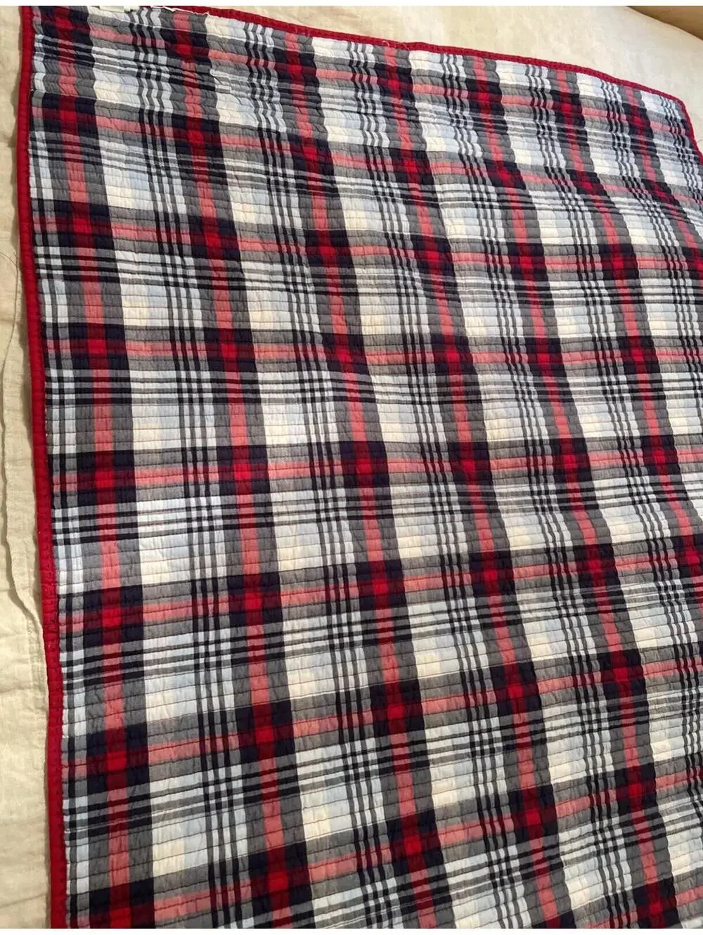 Pottery Barn Kids Plaid Quilt – 36” x 51” Red, White & Blue Reversible EUC